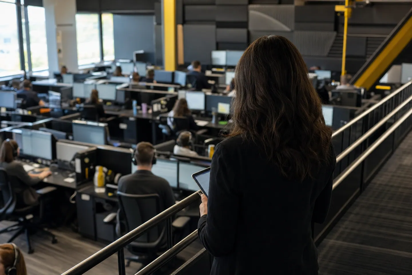 Illustrative Market Wave-branded environment with a supervisor reviewing a customer operations floor from behind