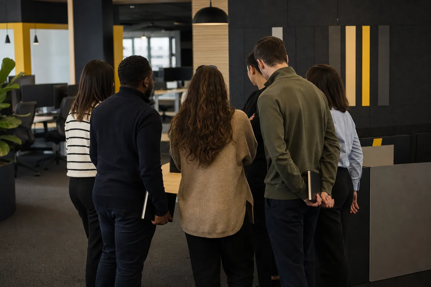 Illustrative Market Wave-branded environment with a multilingual team huddle shown from behind